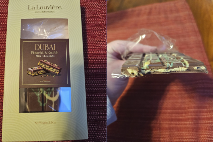 La Louvière chocolatier.belge DUBAI Pistachio&Knafeh Milk Chocolate Made in Belgium Net Weight: 3.5 Oz