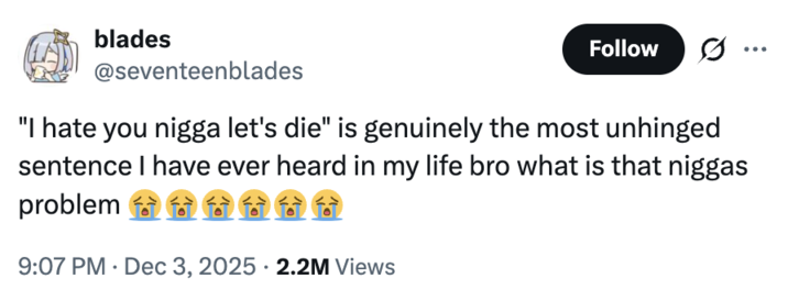 A "tweet":https://knowyourmeme.com/memes/sites/twitter-x about the Hassan Campbell quote, "I Hate You N----, Let's Die," which he said on a 2021 "YouTube":https://knowyourmeme.com/memes/sites/youtube livestream.