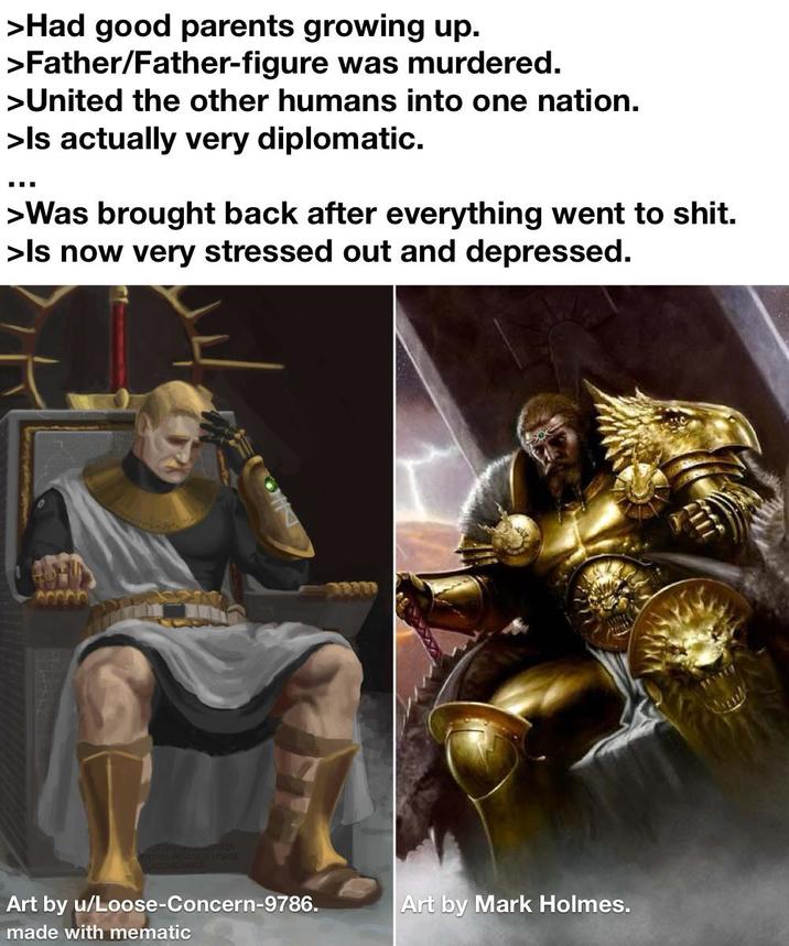 >Had good parents growing up. >Father/Father-figure was murdered. >United the other humans into one nation. >Is actually very diplomatic. >Was brought back after everything went to s---. >Is now very stressed out and depressed. LYSANE CATOSICARTLE Art by u/Loose-Concern-9786. made with mematic Art by Mark Holmes.