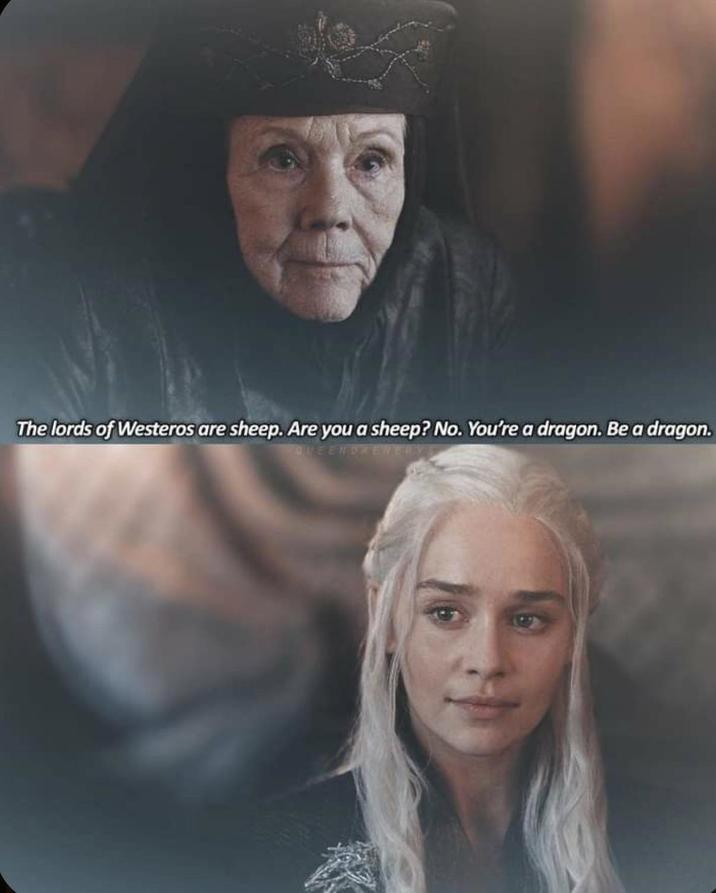The lords of Westeros are sheep. Are you a sheep? No. You're a dragon. Be a dragon. QUEENDAENE