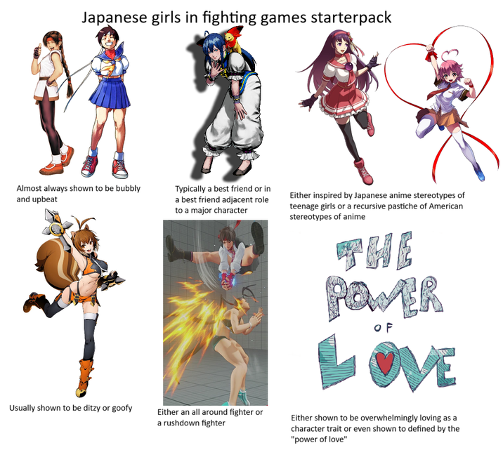 Japanese girls in fighting games starterpack Almost always shown to be bubbly and upbeat Usually shown to be ditzy or goofy Typically a best friend or in a best friend adjacent role to a major character Either an all around fighter or a rushdown fighter Either inspired by Japanese anime stereotypes of teenage girls or a recursive pastiche of American stereotypes of anime THE POWER OF LOVE Either shown to be overwhelmingly loving as a character trait or even shown to defined by the "power of love"
