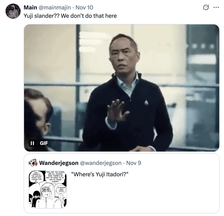 X user @mainmajin tweeted, "Yuji slander?? We don’t do that here," in the quote tweets of a post about Yuji Itadori from _Jujutsu Kaisen_. The post gathered over 20,000 likes in two months.