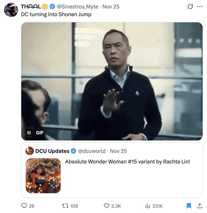 X user @Sinestros_Myte tweeted, "DC turning into Shonen Jump," in the quote tweets of a post showing an anime version of _Absolute Wonder Woman_ drawing by Rachta Lin.