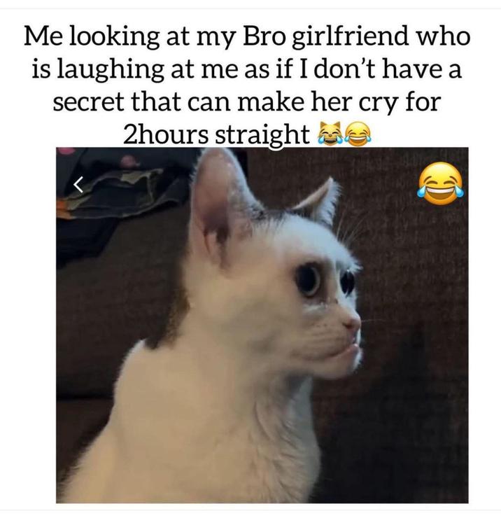 Me looking at my Bro girlfriend who is laughing at me as if I don't have a secret that can make her cry for 2hours straight C