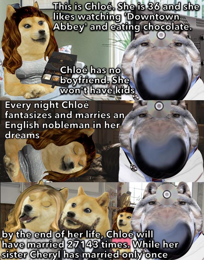 This is Chloé. She is 36 and she likes watching 'Downtown Abbey' and eating chocolate. MENDO wwwww PREMIUM Chloé has no boyfriend. She won't have kids Every night Chloé fantasizes and marries an English nobleman in her dreams by the end of her life, Chloé will have married 27143 times. While her sister Cheryl has married only once
