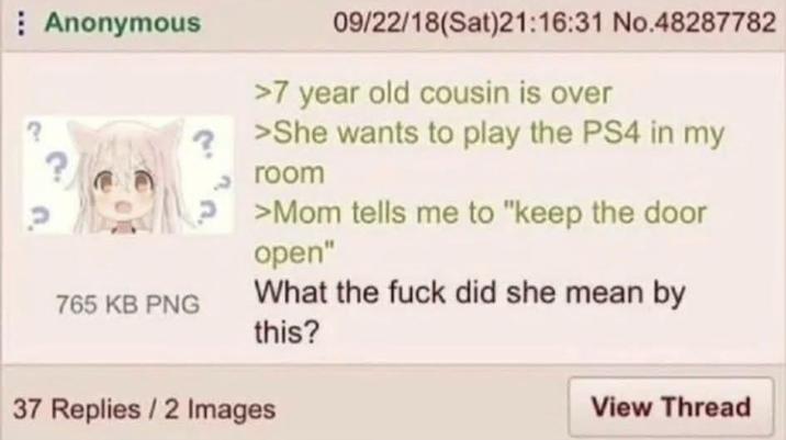 Anonymous 765 KB PNG 09/22/18(Sat)21:16:31 No.48287782 >7 year old cousin is over >She wants to play the PS4 in my room >Mom tells me to "keep the door open" What the f--- did she mean by this? 37 Replies/2 Images View Thread