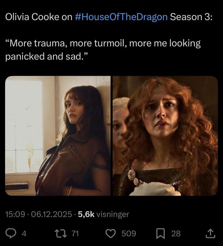 Olivia Cooke on #HouseOfTheDragon Season 3: "More trauma, more turmoil, more me looking panicked and sad." 15:09.06.12.2025 5,6k visninger • 2303 3 2771 509 28 ←]