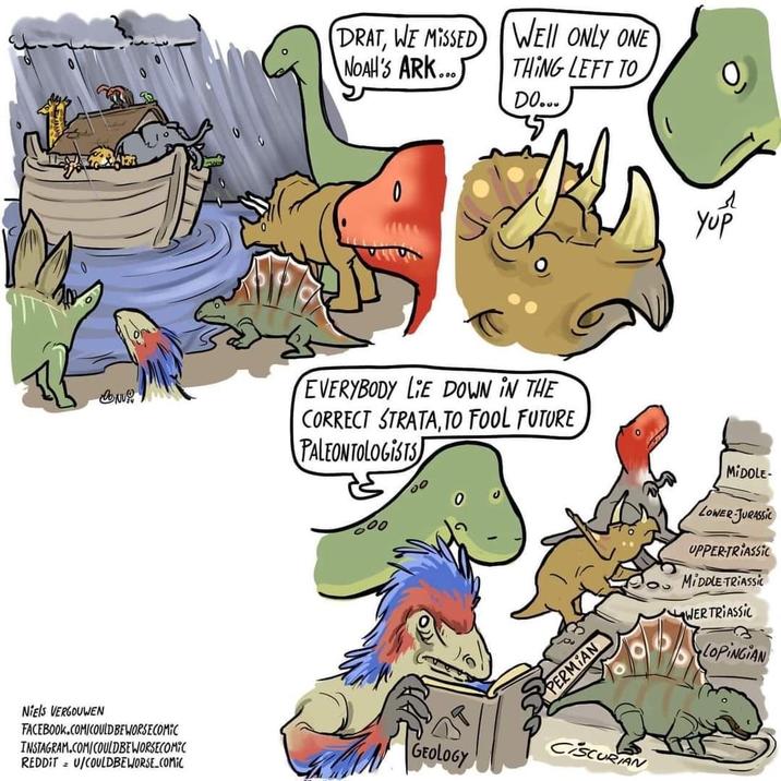 DRAT, WE MISSED WEIL ONLY ONE NOAH'S ARK...) THING LEFT TO DO... 0 ל EVERYBODY LIE DOWN IN THE CORRECT STRATA,TO FOOL FUTURE PALEONTOLOGISTS 000 00 0 PERMIAN Niels VERGOUWEN FACEBOOK.COM/COULDBEWORSECOMIC INSTAGRAM.COM/COULDBEWORSECOMIC REDDIT U/COULDBEWORSE.COMIC GEOLOGY CISCURIAN Yup MIDOLE- LOWER-JURASSIC UPPER-TRIASSIC MIDDLE-TRIASSIC WER TRIASSIC LOPINGIAN