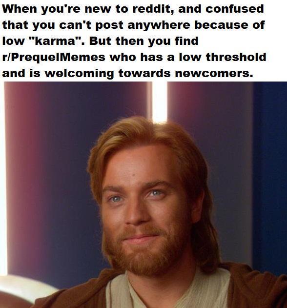 When you're new to reddit, and confused that you can't post anywhere because of low "karma". But then you find r/PrequelMemes who has a low threshold and is welcoming towards newcomers.