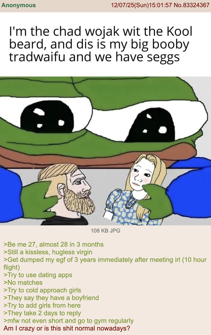 Anonymous 12/07/25(Sun)15:01:57 No.83324367 I'm the chad wojak wit the Kool beard, and dis is my big booby tradwaifu and we have seggs 108 KB JPG >Be me 27, almost 28 in 3 months >Still a kissless, hugless virgin >Get dumped my egf of 3 years immediately after meeting irl (10 hour flight) >Try to use dating apps >No matches >Try to cold approach girls >They say they have a boyfriend >Try to add girls from here >They take 2 days to reply >mfw not even short and go to gym regularly Am I crazy or is this s--- normal nowadays?