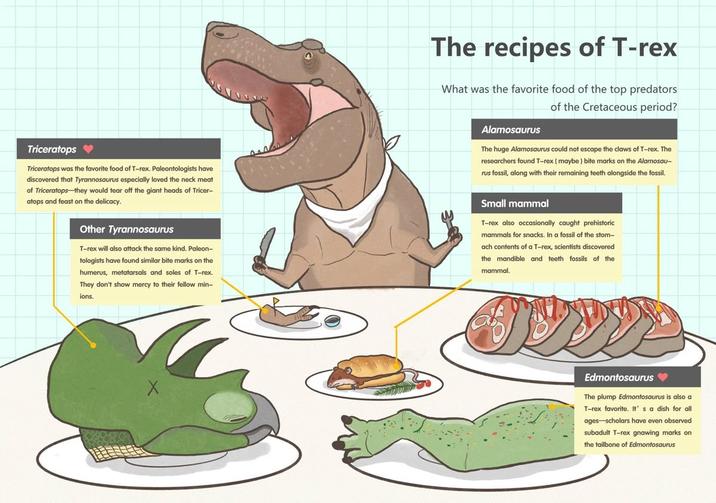The recipes of T-rex What was the favorite food of the top predators of the Cretaceous period? Alamosaurus The huge Alamosaurus could not escape the claws of T-rex. The researchers found T-rex (maybe) bite marks on the Alamosau- rus fossil, along with their remaining teeth alongside the fossil. Triceratops Triceratops was the favorite food of T-rex. Paleontologists have discovered that Tyrannosaurus especially loved the neck meat of Triceratops-they would tear off the giant heads of Tricer- atops and feast on the delicacy. Other Tyrannosaurus T-rex will also attack the same kind. Paleon- tologists have found similar bite marks on the humerus, metatarsals and soles of T-rex. They don't show mercy to their fellow min- ions. Small mammal T-rex also occasionally caught prehistoric mammals for snacks. In a fossil of the stom- ach contents of a T-rex, scientists discovered the mandible and teeth fossils of the mammal. Edmontosaurus The plump Edmontosaurus is also a T-rex favorite. It's a dish for all ages-scholars have even observed subadult T-rex gnawing marks on the tailbone of Edmontosaurus
