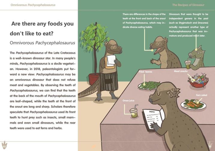 02 Omnivorous Pachycephalosaurus Are there any foods you don't like to eat? Omnivorous Pachycephalosaurus The Pachycephalosaurus of the Late Cretaceous is a well-known dinosaur star. In many people's minds, Pachycephalosaurus is a docile vegetari- an. However, in 2018, paleontologists put for- ward a new view: Pachycephalosaurus may be an omnivorous dinosaur that does not refuse meat and vegetables. By observing the teeth of Pachycephalosaurus, we can find that the teeth at the back of the mouth of Pachycephalosaurus are leaf-shaped, while the teeth at the front of the snout are long and sharp. Scholars therefore speculate that Pachycephalosaurus used its front teeth to hunt prey such as insects, small mam- mals and even small dinosaurs, while the rear teeth were used to eat ferns and herbs. 00 There are differences in the shape of the teeth at the front and back of the snout of Pachycephalosaurus, which may in- dicate diverse eating habits. Grass juice The Recipes of Dinosaur Dinosaurs that were thought to be independent genera in the past (such as Stygimoloch and Dracorex) actually represent another type of Pachycephalosaurus that was im- mature and produced much later. Fried leaves Meat snacks MENU Spicy Prosour 128 Fern salad 0 0 03