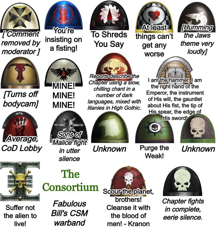 [Comment You're removed by insisting on moderator] a fisting! MINE! [Turns off MINE! bodycam] MINE! To Shreds You Say At least things can't get any worse Humming the Jaws theme very loudly] Reports describe the Chapter using a slow, chilling chant in a number of dark languages, mixed with litanies in High Gothic. I am the hammer, I am the right hand of the Emperor, the instrument of His will, the gauntlet about His fist, the tip of His spear, the edge of His sword! Sons of Average Malice fight CoD Lobby Unknown Purge the Weak! Unknown Suffer not the alien to live! in utter silence The Consortium Fabulous Bill's CSM warband Scour the planet, brothers! Cleanse it with the blood of men! - Kranon Chapter fights in complete, eerie silence.