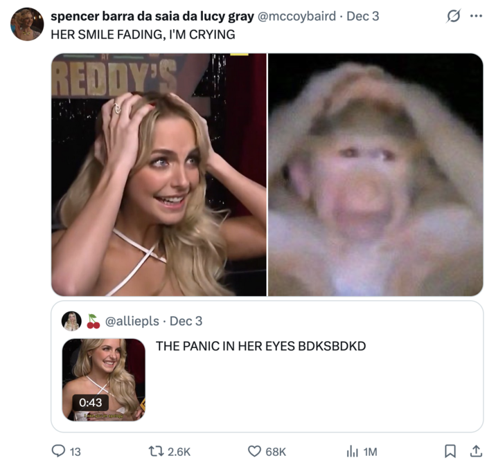 X user @mccoybaird posted a meme showing a monkey holding his head alongside a caption that read, "HER SMILE FADING, I'M CRYING."