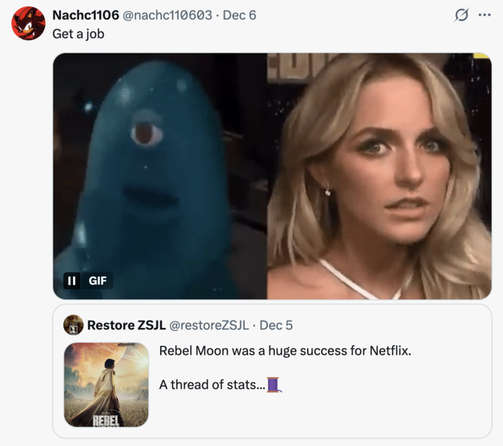 X user @nachc110603 posted the Mckenna Grace and B.O.B. staring meme to react to a thread about ZacK Snyder's _Rebel Moon_.