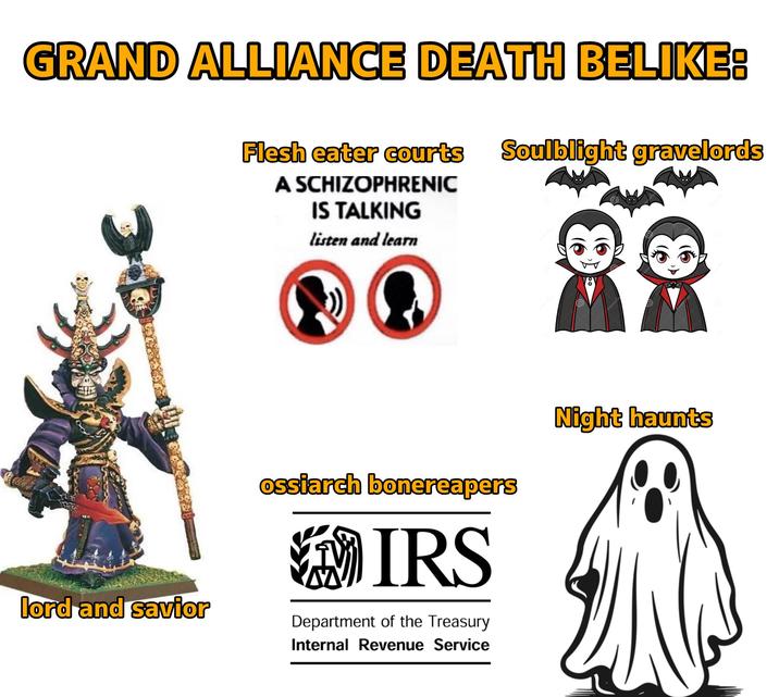 GRAND ALLIANCE DEATH BELIKE: Flesh eater courts Soulblight gravelords A SCHIZOPHRENIC IS TALKING listen and learn lord and savior ossiarch bonereapers IRS Department of the Treasury Internal Revenue Service dreamses Night haunts
