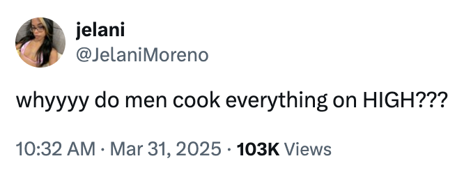 A "tweet":https://knowyourmeme.com/memes/sites/twitter-x about men cooking everything on high, which predates the "Young Hoes Cook Everything on High" tweet.