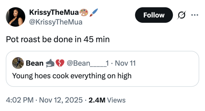 A "quote-tweet":https://knowyourmeme.com/memes/quote-retweets-qrts of the original "Young Hoes Cook Everything on High" post in November 2025.
