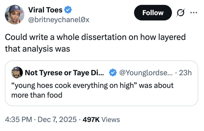 A "tweet":https://knowyourmeme.com/memes/sites/twitter-x referencing the viral Young Hoes Cook Everything on High post on Twitter / X in November 2025.