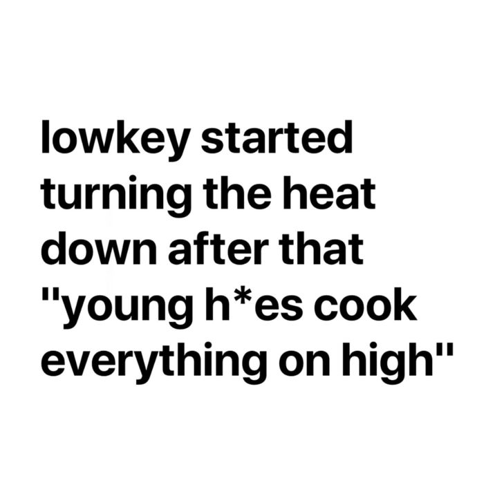 lowkey started turning the heat down after that "young h*es cook everything on high"