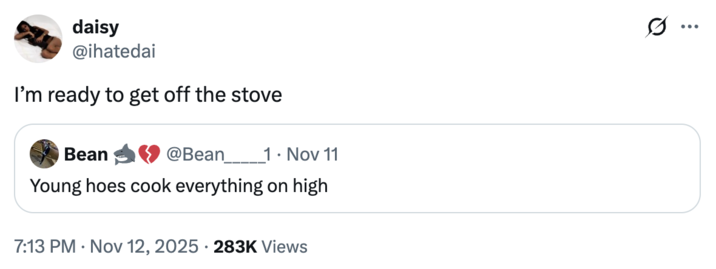 daisy @ihatedai I'm ready to get off the stove Bean @Bean 1. Nov 11 Young hoes cook everything on high 7:13 PM Nov 12, 2025 283K Views Q ...