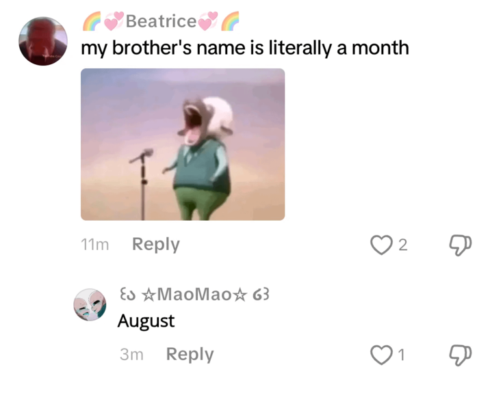 Beatrice❤♥♥♥♥ my brother's name is literally a month 11m Reply Es MaoMao☆ 63 August 3m Reply 2 1