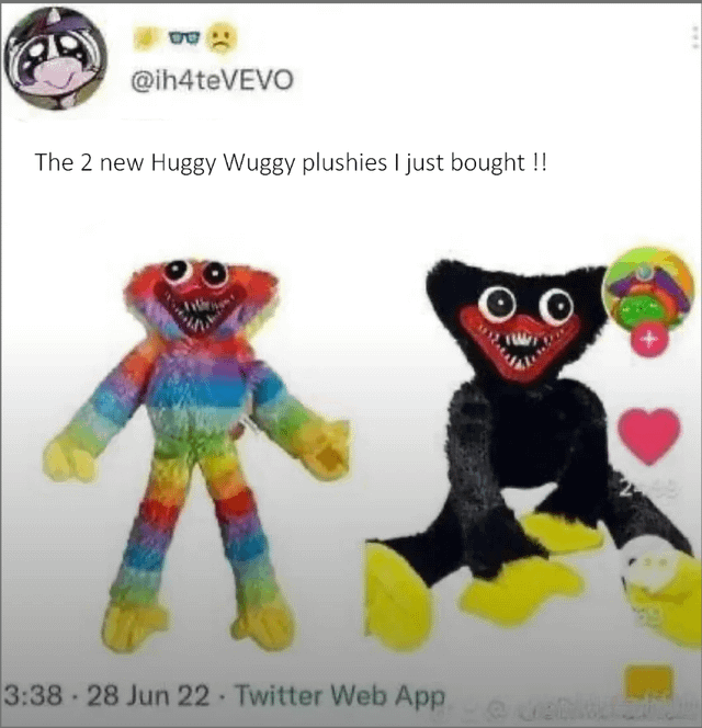 DO @ih4teVEVO The 2 new Huggy Wuggy plushies I just bought !! • 3:38 28 Jun 22 Twitter Web App @
