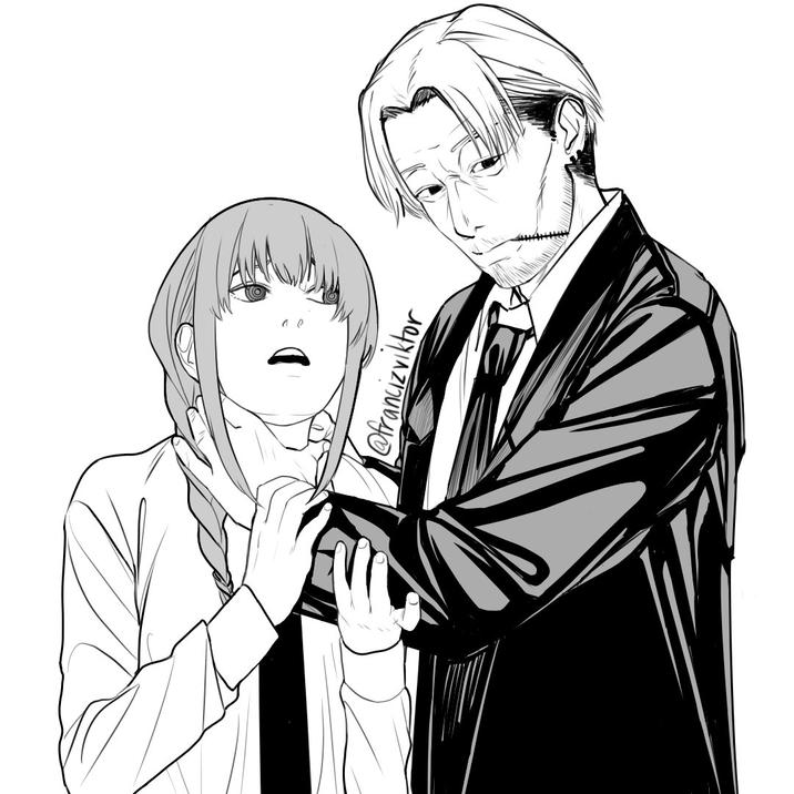 Artwork by Twitter artist @francizviktor. The art shows Mads Mikkelsen choking Power from Chainsaw Man.