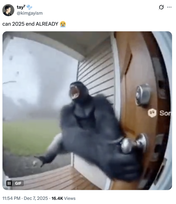 A "tweet":https://knowyourmeme.com/memes/sites/twitter-x using the "GIF":https://knowyourmeme.com/memes/cultures/gif of a "monkey":https://knowyourmeme.com/memes/monkeys-apes or gorilla flying into a tornado, which was generated using "Sora AI":https://knowyourmeme.com/memes/sites/sora-openai.