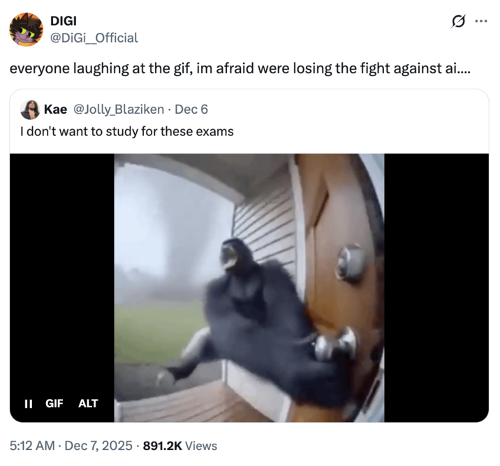 A "tweet":https://knowyourmeme.com/memes/sites/twitter-x using the "GIF":https://knowyourmeme.com/memes/cultures/gif of a "monkey":https://knowyourmeme.com/memes/monkeys-apes or gorilla flying into a tornado, which was generated using "Sora AI":https://knowyourmeme.com/memes/sites/sora-openai.