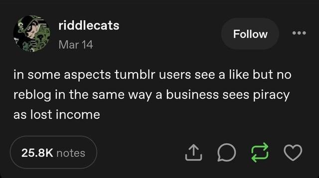 riddlecats Mar 14 Follow in some aspects tumblr users see a like but no reblog in the same way a business sees piracy as lost income 25.8K notes