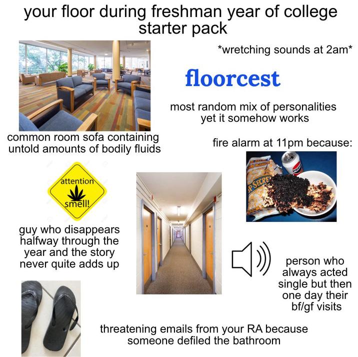 your floor during freshman year of college starter pack common room sofa containing untold amounts of bodily fluids attention smell! guy who disappears halfway through the year and the story *wretching sounds at 2am* floorcest most random mix of personalities yet it somehow works fire alarm at 11pm because: PSECRE never quite adds up person who always acted single but then one day their bf/gf visits threatening emails from your RA because someone defiled the bathroom
