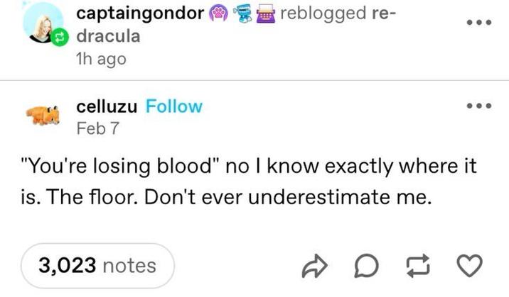 captaingondor reblogged re- dracula 1h ago celluzu Follow Feb 7 "You're losing blood" no I know exactly where it is. The floor. Don't ever underestimate me. 3,023 notes D♡
