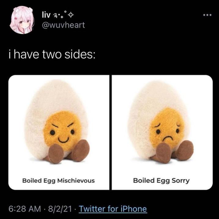 liv༢:. ❖ @wuvheart i have two sides: Boiled Egg Mischievous Boiled Egg Sorry 6:28 AM 8/2/21 Twitter for iPhone •
