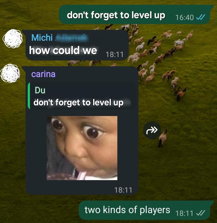 don't forget to level up 16:40 Michi how could we 18:11 carina Du don't forget to level up 18:11 « two kinds of players 18:11