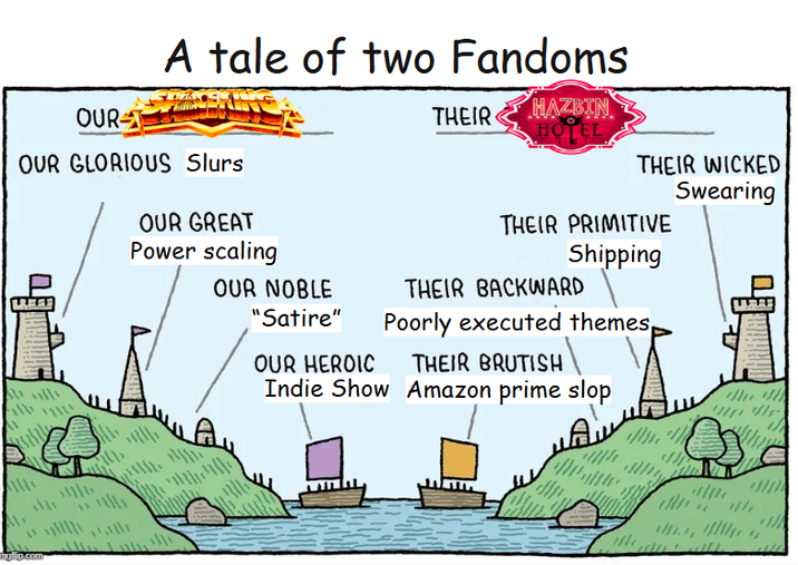 A tale of two Fandoms OUR OUR GLORIOUS Slurs OUR GREAT 11 mgflip.com Power scaling OUR NOBLE "Satire" OUR HEROIC Indie Show THEIR HAZBIN HOTEL THEIR WICKED Swearing THEIR PRIMITIVE Shipping THEIR BACKWARD Poorly executed themes, THEIR BRUTISH Amazon prime slop "