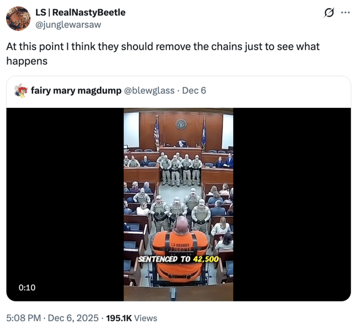 A "quote-tweet":https://knowyourmeme.com/memes/quote-retweets-qrts about an "AI Video":https://knowyourmeme.com/memes/cultures/ai-video of a convicted criminal being sentenced to 6,700 years.