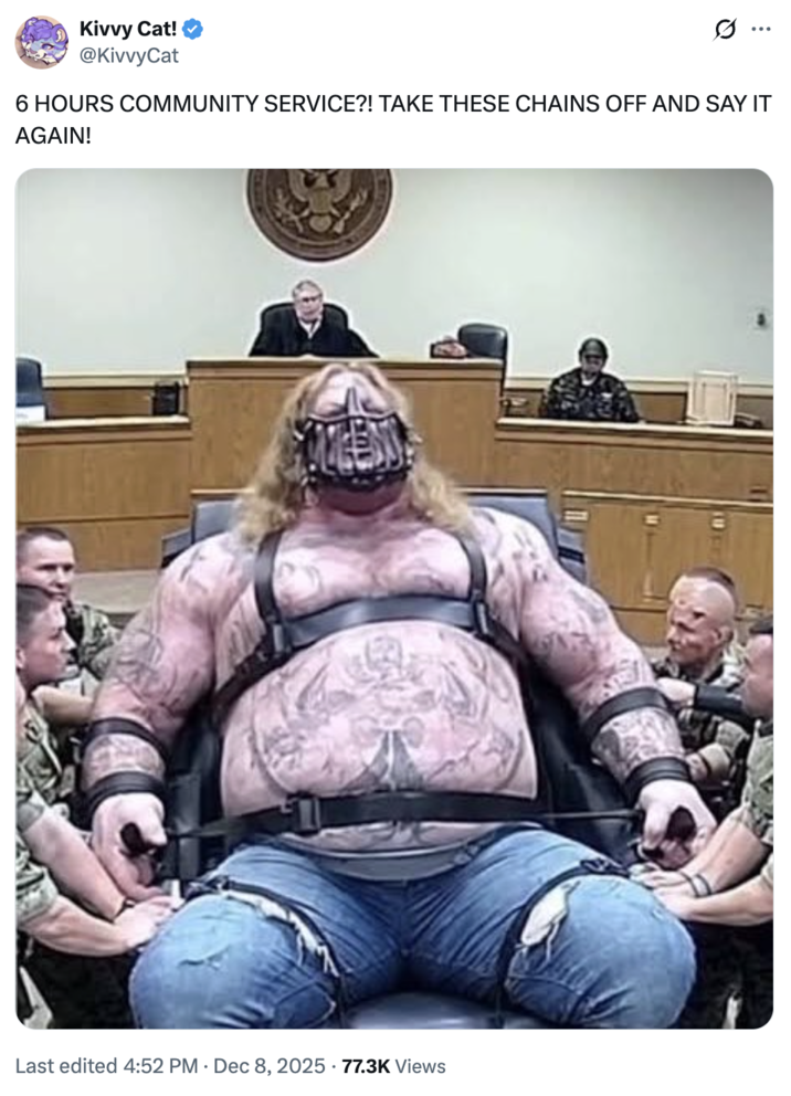 A "tweet":https://knowyourmeme.com/memes/sites/twitter-x joking about the "AI Videos":https://knowyourmeme.com/memes/cultures/ai-video of criminals being sentenced to life sentences.