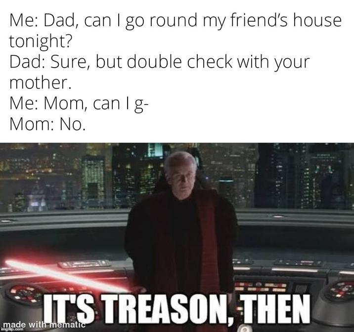 Me: Dad, can I go round my friend's house tonight? Dad: Sure, but double check with your mother. Me: Mom, can I g- Mom: No. IT'S TREASON, THEN made with mematic imgrep.com