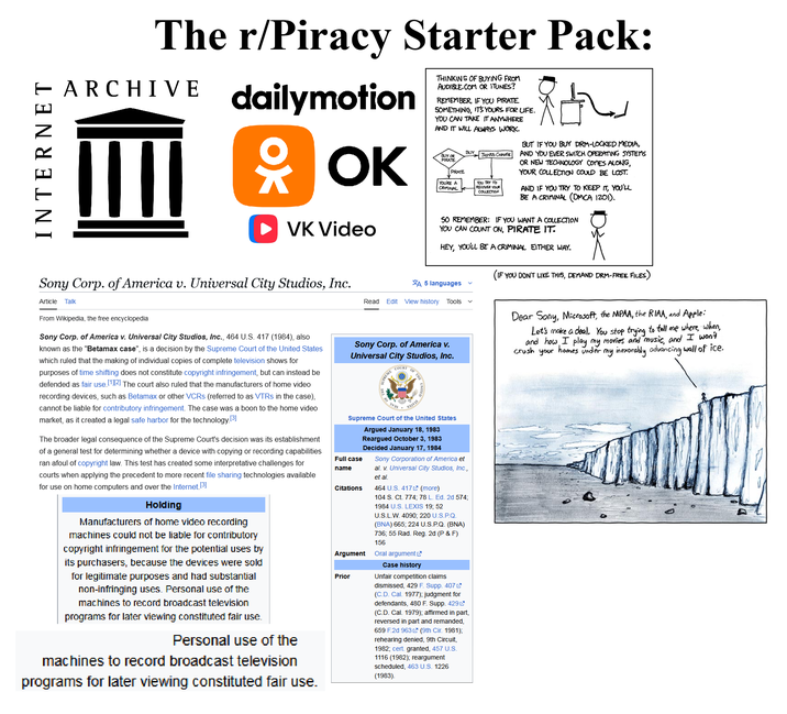 INTERNET The r/Piracy Starter Pack: ARCHIVE dailymotion 유 OK THINKING OF BUYING FROM AUDIBLE.COM OR ITUNES? REMEMBER, IF YOU PIRATE SOMETHING, IT'S YOURS FOR LIFE. YOU CAN TAKE IT ANYWHERE AND IT WILL ALWAYS WORK. BUY BUY OR PIRATE PIRATE YOU'RE A CRIMINAL THINGS CHANGE YOU TRY TO RECOVER YOUR COLLECTION BUT IF YOU BUY DRM-LOCKED MEDIA, AND YOU EVER SWITCH OPERATING SYSTEMS OR NEW TECHNOLOGY COMES ALONG, YOUR COLLECTION COULD BE LOST. AND IF YOU TRY TO KEEP IT, YOU'LL BE A CRIMINAL (DMCA 1201). ► VK Video SO REMEMBER: IF YOU WANT A COLLECTION YOU CAN COUNT ON, PIRATE IT. Sony Corp. of America v. Universal City Studios, Inc. Article Talk From Wikipedia, the free encyclopedia Sony Corp. of America v. Universal City Studios, Inc., 464 U.S. 417 (1984), also known as the "Betamax case", is a decision by the Supreme Court of the United States which ruled that the making of individual copies of complete television shows for purposes of time shifting does not constitute copyright infringement, but can instead be defended as fair use.[1][2] The court also ruled that the manufacturers of home video recording devices, such as Betamax or other VCRs (referred to as VTRS in the case), cannot be liable for contributory infringement. The case was a boon to the home video market, as it created a legal safe harbor for the technology.[3] The broader legal consequence of the Supreme Court's decision was its establishment of a general test for determining whether a device with copying or recording capabilities ran afoul of copyright law. This test has created some interpretative challenges for courts when applying the precedent to more recent file sharing technologies available for use on home computers and over the Internet. [3] Holding Manufacturers of home video recording machines could not be liable for contributory copyright infringement for the potential uses by its purchasers, because the devices were sold for legitimate purposes and had substantial non-infringing uses. Personal use of the machines to record broadcast television programs for later viewing constituted fair use. Personal use of the machines to record broadcast television programs for later viewing constituted fair use. HEY, YOU'LL BE A CRIMINAL EITHER WAY. A 5 languages Read Edit View history Tools Sony Corp. of America v. Universal City Studios, Inc. UPREME COURT S OF THE Supreme Court of the United States Full case name Citations Argument Prior Argued January 18, 1983 Reargued October 3, 1983 Decided January 17, 1984 Sony Corporation of America et al. v. Universal City Studios, Inc., et al. 464 U.S. 417 (more) 104 S. Ct. 774; 78 L. Ed. 2d 574; 1984 U.S. LEXIS 19; 52 U.S.L.W. 4090; 220 U.S.P.Q. (BNA) 665; 224 U.S.P.Q. (BNA) 736; 55 Rad. Reg. 2d (P & F) 156 Oral argument Case history Unfair competition claims dismissed, 429 F. Supp. 407 (C.D. Cal. 1977); judgment for defendants, 480 F. Supp. 429 (C.D. Cal. 1979); affirmed in part, reversed in part and remanded, 659 F.2d 963 (9th Cir. 1981); rehearing denied, 9th Circuit, 1982; cert. granted, 457 U.S. 1116 (1982); reargument scheduled, 463 U.S. 1226 (1983). (IF YOU DON'T LIKE THIS, DEMAND DRM-FREE FILES) Dear Sony, Microsoft, the MPAA, the RIAA, and Apple: Let's make a deal. You stop trying to tell me where, when, and how I play my movies and music, and I won't crush your homes under my inexorably advancing wall of ice.