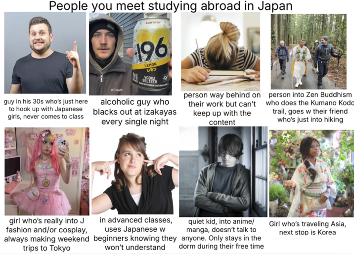 People you meet studying abroad in Japan SUNTORY guy in his 30s who's just here to hook up with Japanese girls, never comes to class Columb 196 LEMON レモン VODKA SELTZER 196 5) HADE WITH VODKA & NATURAL FLA alcoholic guy who blacks out at izakayas every single night person way behind on their work but can't keep up with the content person into Zen Buddhism who does the Kumano Kodo trail, goes w their friend who's just into hiking girl who's really into J fashion and/or cosplay, always making weekend trips to Tokyo in advanced classes, uses Japanese w beginners knowing they won't understand quiet kid, into anime/ manga, doesn't talk to anyone. Only stays in the dorm during their free time Girl who's traveling Asia, next stop is Korea