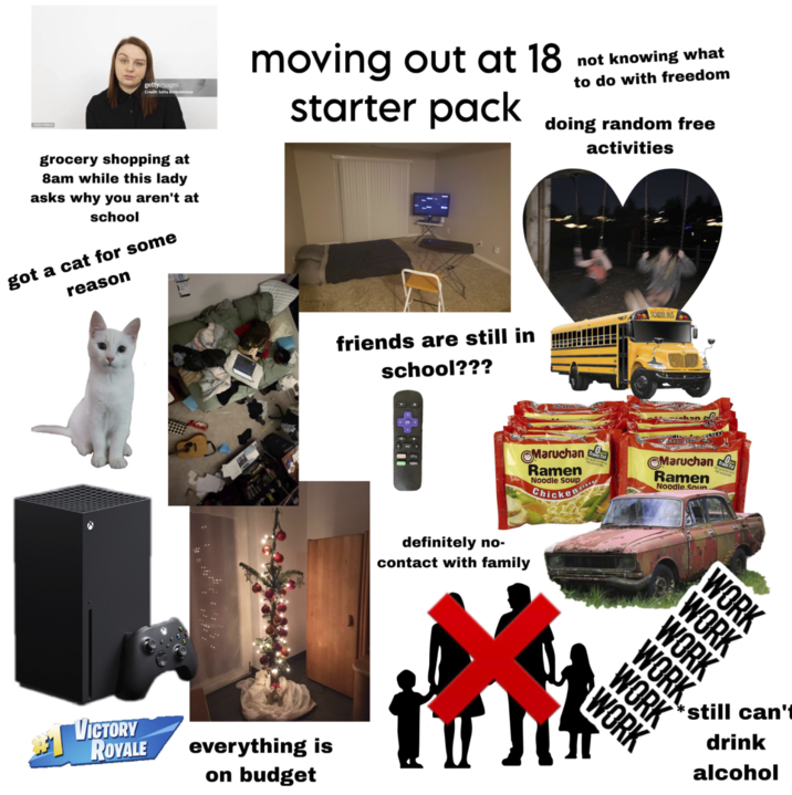 gettyimages Credit: Julia Burmistrova grocery shopping at 8am while this lady asks why you aren't at school got a cat for some reason VICTORY ROYALE moving out at 18 starter pack not knowing what to do with freedom doing random free activities friends are still in school??? everything is on budget SCHOOL BUS Chicken brave Suchan definitely no- contact with family Maruchan Ramen Noodle Soup Chicken Flavo cken Flavera Maruchan Ramen Noodle Soun en WORK WORK WORK WORK WORK WORK still can't drink alcohol