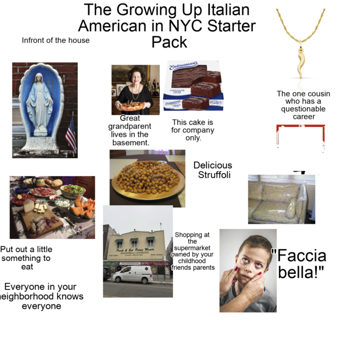 The Growing Up Italian American in NYC Starter Infront of the house Pack Put out a little something to eat Everyone in your eighborhood knows everyone Entenmanny. CHOCOLATE FUDGE tenmann's CHRESUL Great grandparent lives in the basement. This cake is for company only. Delicious Struffoli The one cousin who has a questionable career Frank & Sal Prime Meats SALUMERIA CATERING ITALIAN SPECIALTERS Shopping at the supermarket owned by your childhood friends parents "Faccia bella!"