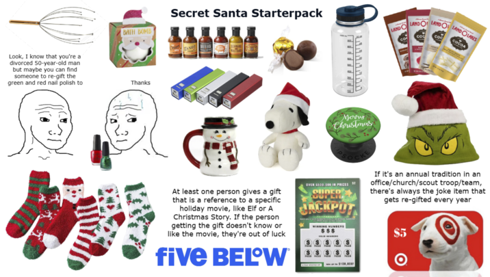 Look, I know that you're a divorced 50-year-old man but maybe you can find someone to re-gift the green and red nail polish to BATH BOMB Secret Santa Starterpack Thanks Onion MANGO BOURBO Morry Christmas LAND Co LANDO LANDO LANDOLAKES COC COC COCOA At least one person gives a gift that is a reference to a specific holiday movie, like Elf or A Christmas Story. If the person getting the gift doesn't know or like the movie, they're out of luck five BELOW SOCK OVER $500,000 IN PRIZES $2 SUPER JACKPOT WINNING NUMBERS $ $ $ YOUR NUMBERS PRIZE PRIZE PAZE PRIZE PRIZE PRIA PRIZE WIN UP TO $100,000! If it's an annual tradition in an office/church/scout troop/team, there's always the joke item that gets re-gifted every year $5