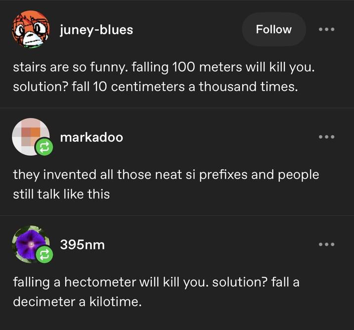 juney-blues Follow stairs are so funny. falling 100 meters will kill you. solution? fall 10 centimeters a thousand times. markadoo they invented all those neat si prefixes and people still talk like this 395nm falling a hectometer will kill you. solution? fall a decimeter a kilotime.