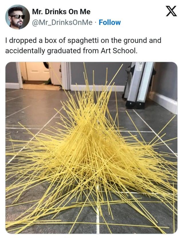 Mr. Drinks On Me @Mr_DrinksOnMe Follow I dropped a box of spaghetti on the ground and accidentally graduated from Art School. X
