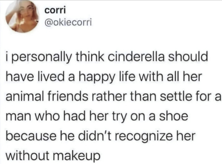 corri @okiecorri i personally think cinderella should have lived a happy life with all her animal friends rather than settle for a man who had her try on a shoe because he didn't recognize her without makeup