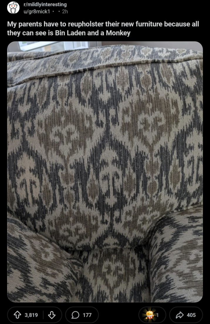 r/mildlyinteresting u/gr8mick1 • • 2h My parents have to reupholster their new furniture because all they can see is Bin Laden and a Monkey 3,819 177 405