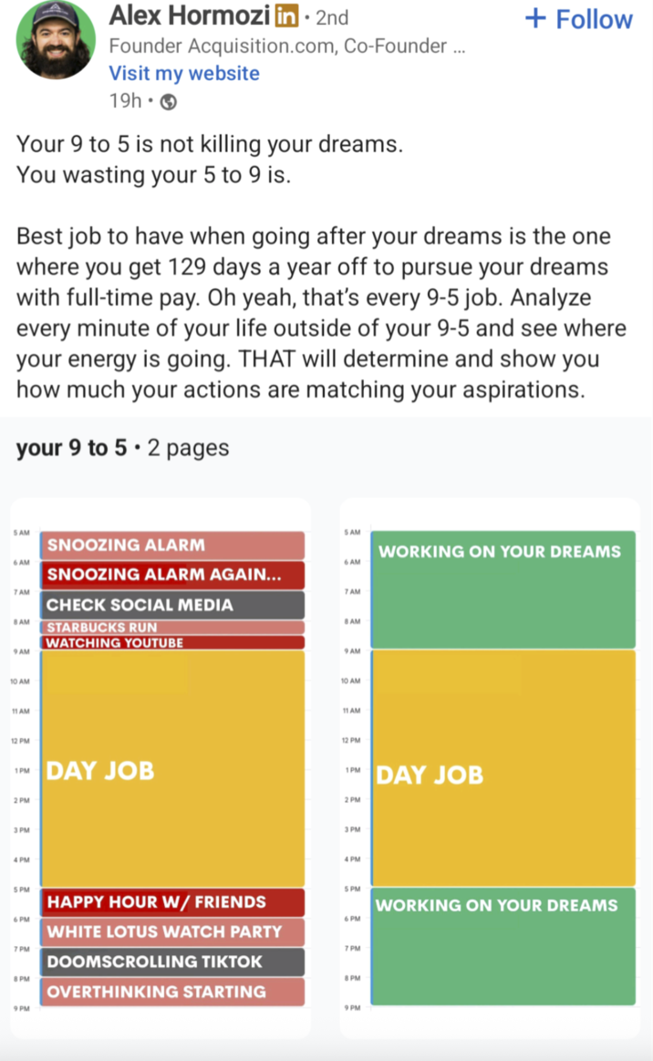 Alex Hormozi in ⚫ 2nd Founder Acquisition.com, Co-Founder ... Visit my website 19h- Your 9 to 5 is not killing your dreams. You wasting your 5 to 9 is. + Follow Best job to have when going after your dreams is the one where you get 129 days a year off to pursue your dreams with full-time pay. Oh yeah, that's every 9-5 job. Analyze every minute of your life outside of your 9-5 and see where your energy is going. THAT will determine and show you how much your actions are matching your aspirations. your 9 to 5 • 2 pages 5 AM 5 AM SNOOZING ALARM WORKING ON YOUR DREAMS 6 AM 6 AM SNOOZING ALARM AGAIN... 7 AM 7 AM CHECK SOCIAL MEDIA 8 AM 8 AM STARBUCKS RUN WATCHING YOUTUBE 9 AM 9 AM 10 AM 11 AM 12 PM 1PM DAY JOB 2PM 3 PM 4 PM 10 AM 11 AM 12 PM 1PM DAY JOB 2 PM 3 PM 4 PM 5 PM 5 PM HAPPY HOUR W/ FRIENDS WORKING ON YOUR DREAMS 6 PM 6 PM WHITE LOTUS WATCH PARTY 7PM 7 PM 8 PM 9 PM DOOMSCROLLING TIKTOK OVERTHINKING STARTING 8 PM 9 PM