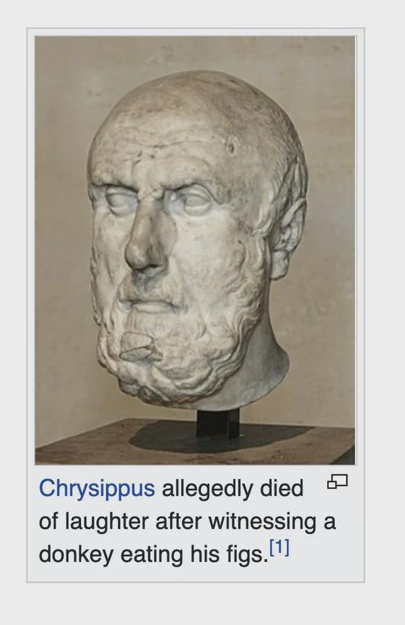 Chrysippus allegedly died of laughter after witnessing a donkey eating his figs.[1]